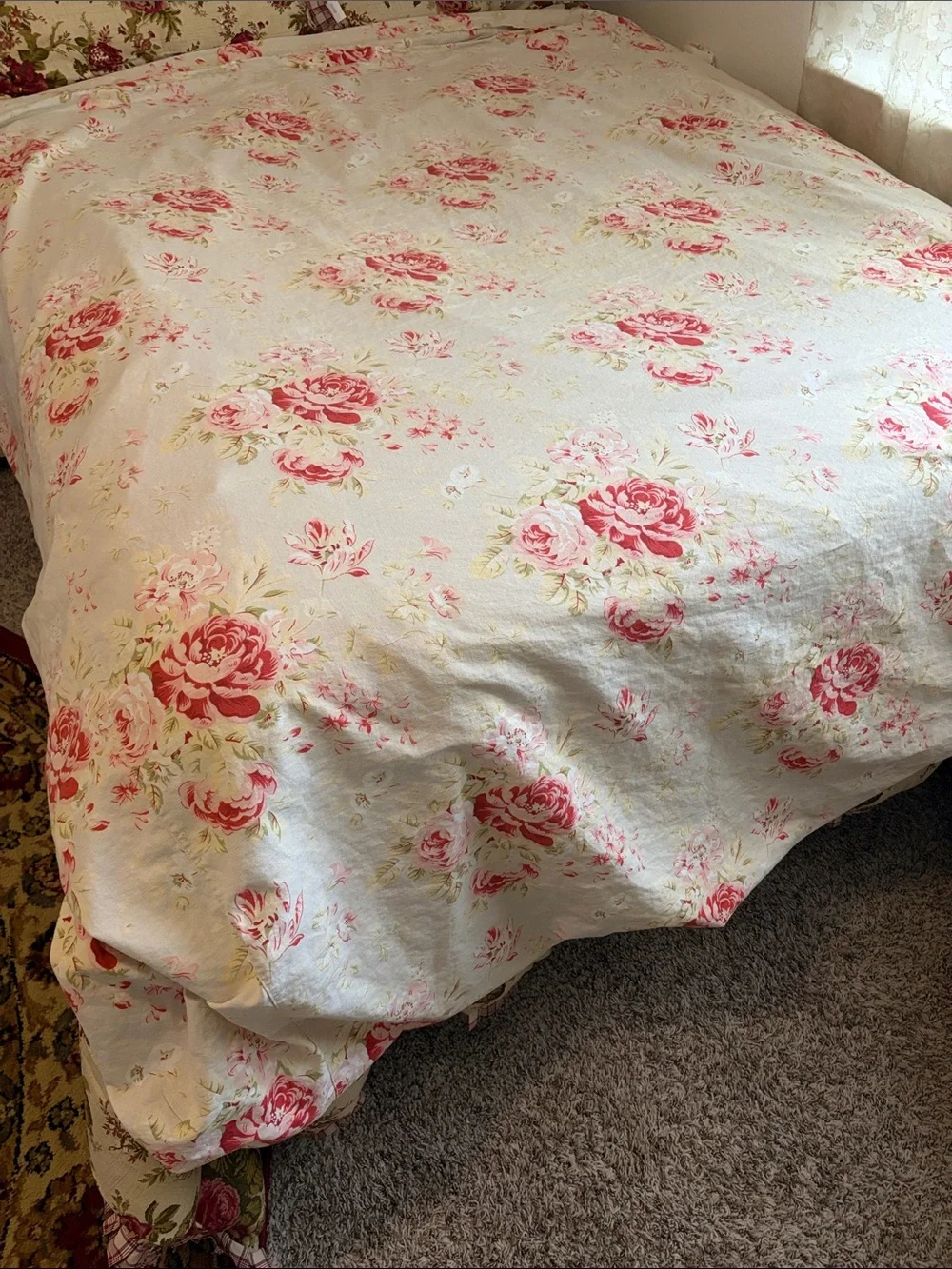 Pottery Barn Rose Floral Cotton Duvet Cover - Cream and Pink